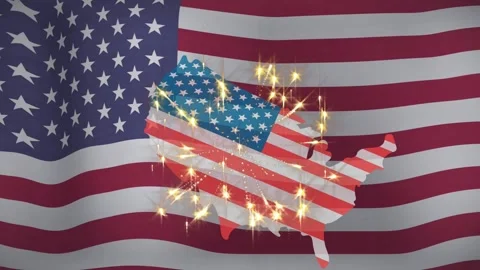 Bright spark appearing center, US shape fading in, golden sparks spreading, Video stock 334788078