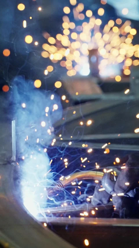 Bright sparks fly during intense welding process in workshop Stock Footage 300347948