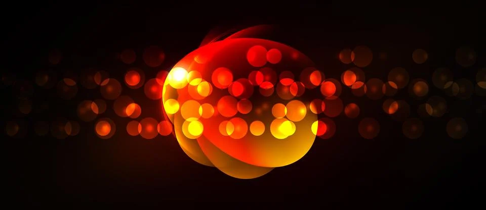 Bright sphere glows against dark background. Numerous small circles create Иллюстрация