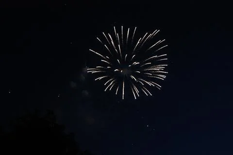 Bright spherical firework burst expanding in the deep night sky Stock Photos