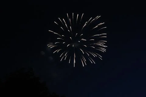 Bright spherical firework burst expanding in the deep night sky Stock Photos