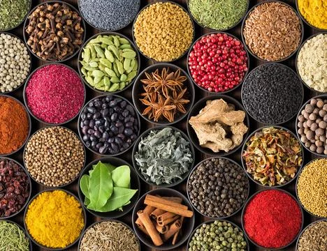 Bright spice background, top view. Collection  seasoning and herbs of Indian  Stock Photos