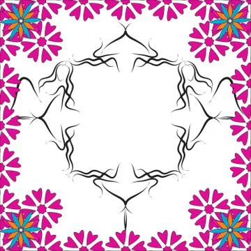 Bright spring card with abstract flowers purple shades and frame Illustrazione stock