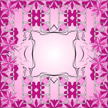 Bright spring card with abstract flowers purple shades and frame Stock Illustration