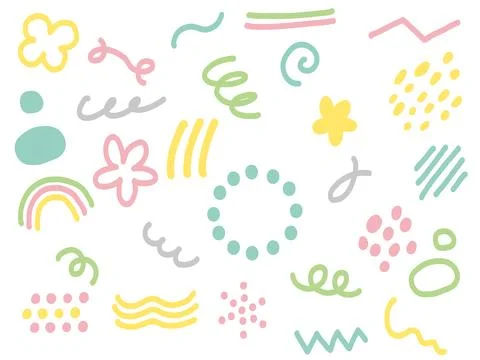 Bright spring-colored doodle decoration items. Fun and pop illustration Stock Illustration