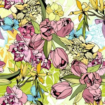 Bright spring flowers, seamless pattern Stock Illustration