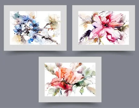 Bright spring flowers on tree branches or in vases, on watercolor posters on Stock Illustration