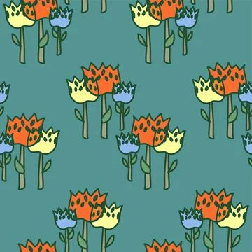 Bright Spring Flowers Vector Repeatable Pattern On Blue Green イラスト素材