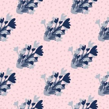 Bright spring seamless pattern with blue flowers bouquet. Pink background wit Stock Illustration