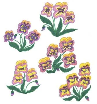 Bright spring set of bushes of stylized cartoon tricolor violets Stock Illustration