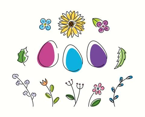 Bright spring set of eggs and flowers. Happy Easter minimalistic icons Stock-Illustration