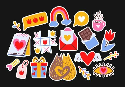 Bright spring set of stickers in retro cartoon style on black background. Stock Illustration