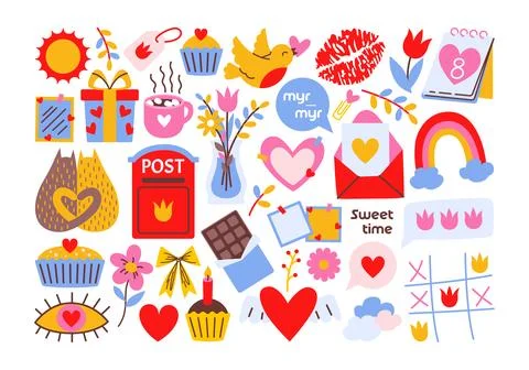 Bright spring set of stickers in retro cartoon style. Stock Illustration