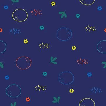 Bright springtime seamless pattern. Leaves and flowers on blue background. Fl Stock Illustration
