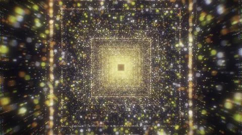 Bright square tunnel with particles. Motion. Immersion in cosmic flow of square Stock Illustration