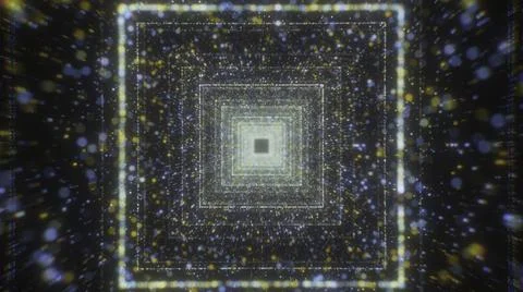 Bright square tunnel with particles. Motion. Immersion in cosmic flow of square Illustrazione stock