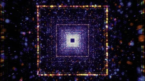 Bright square tunnel with particles. Motion. Immersion in cosmic flow of square Stock Illustration