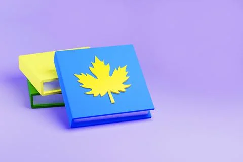 Bright stack of blue and yellow books with yellow maple leaf on the cover, 3d Stock Illustration