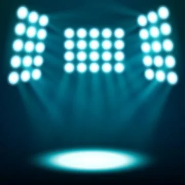 Bright Stadium Spotlights on Dark Blue Background, Vector Illustration Stock Illustration