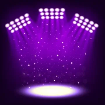 Bright Stadium Spotlights on Dark Violet Background, Vector Illustration Stock Illustration