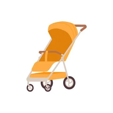 Bright standing empty orange baby carriage with wheels of different sizes flat Stock Illustration