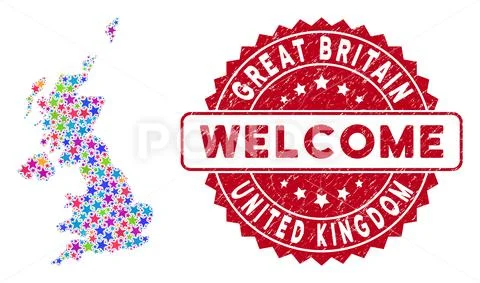 Bright Star United Kingdom Map Mosaic and Grunge Welcome Seal Stock Illustration
