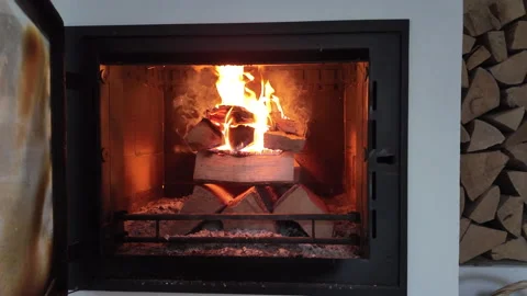 A bright, steady fire burns inside a modern enclosed fireplace, with stacked Stock Footage 327916982