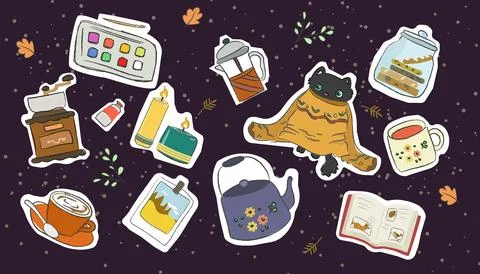 Bright sticker pack with cat in Sweater, autumn vape, Cozy tea and coffee wit Stock Illustration