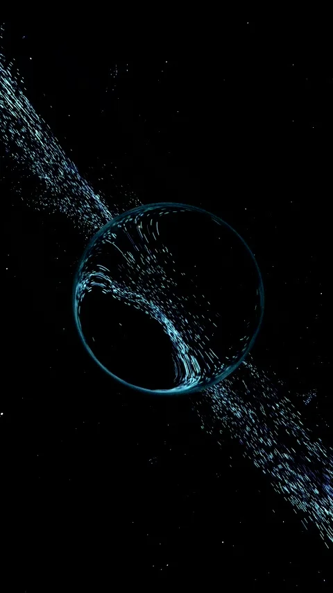 Bright stream of blue particles circling transparent sphere in outer space Video stock 327524287