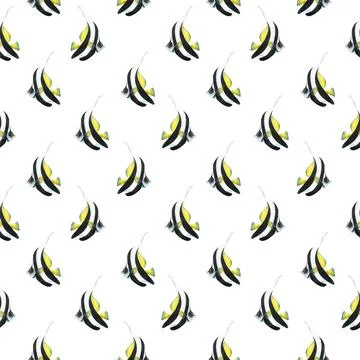 Bright striped triangular, tropical fish in white, yellow and black Moorish idol Stock Illustration