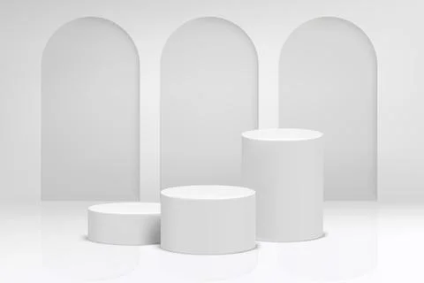 Bright studio with arc and podium. 3d vector background for product design Stock Illustration