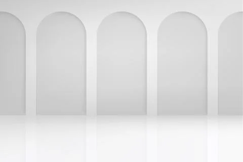 Bright studio with wall and arcs and columns. 3d vector background for prod.. Illustrazione stock
