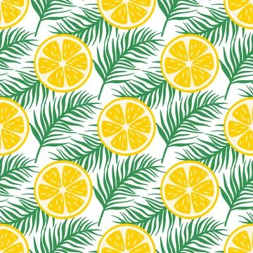 Bright summer background with lemon slices on palm branches Stock Illustration