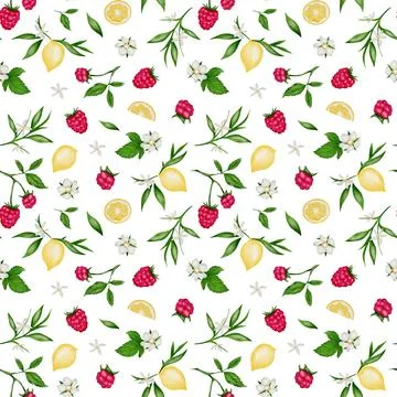 Bright summer berry pattern featuring raspberries, lemon slices, and floral.. Stock Illustration