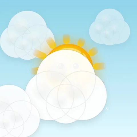 Bright summer day background: cheerful cartoon sun and fluffy white clouds sk Stock Footage 344777836