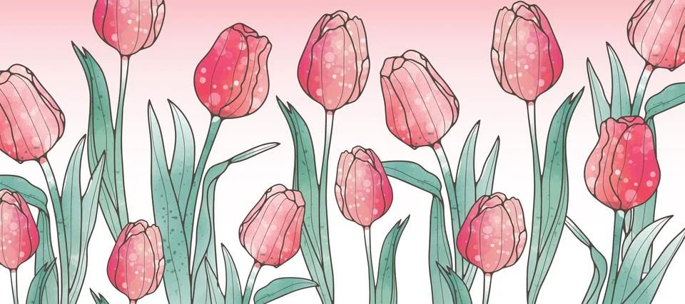 Bright summer floral background with pink tulips. Stock Illustration