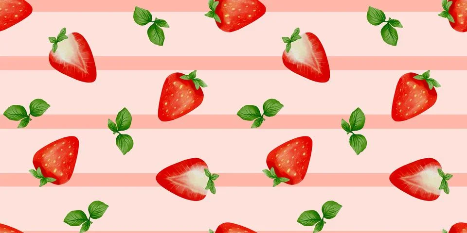 Bright summer fruit pattern featuring juicy strawberries and fresh green leav Stock Illustration