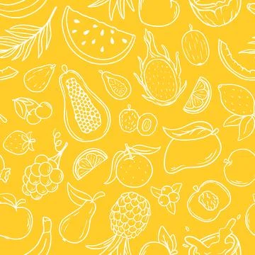 Bright summer fruit seamless pattern in doodle sketch style Иллюстрация