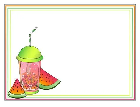 Bright summer horizontal frame with tropical drink and watermelon - vector frame Stock Illustration