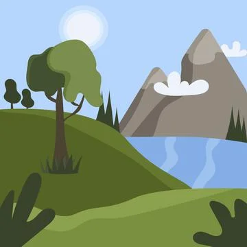 Bright summer landscape. Mountains, river, tree Stock Illustration