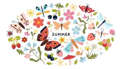 Bright summer nature Round composition with butterflies, flowers, berries, .. Stock Illustration