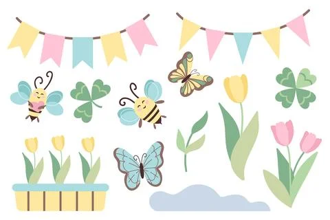 Bright summer nature. Spring set with butterfly, flower, bee, festive garland Stock Illustration