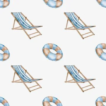 Bright summer pattern featuring beach loungers and inflatable circles in bl.. Illustrazione stock