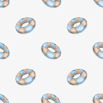 Bright summer pattern featuring blue inflatable circles and loungers agains.. Stock Illustration