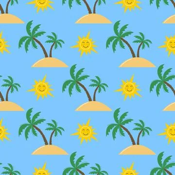 Bright summer print with palm tree on island and sun Stock Illustration