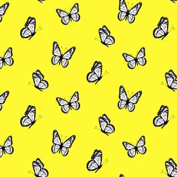Bright summer seamless pattern with butterflies on yellow background. Design Stock Illustration