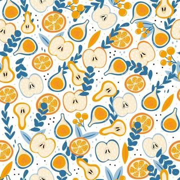 Bright summer seamless pattern with fruits - figs and apples, oranges and pea Illustrazione stock