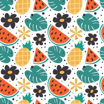 Bright summer seamless pattern with hand-drawn summer elements in trendy colors Stock Illustration