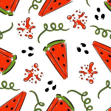 Bright summer seamless pattern, hand drawn watermelons and playful splashes for Illustrazione stock