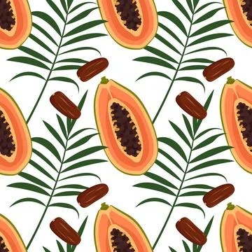 Bright summer seamless pattern with papaya fruits, dates and palm leaves Stock Illustration